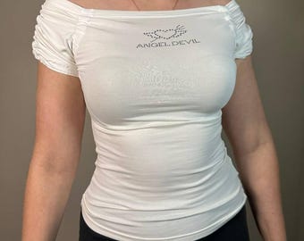Camisa blanca AngelDevil con mangas abullonadas y pedrería, camiseta de manga corta Y2K