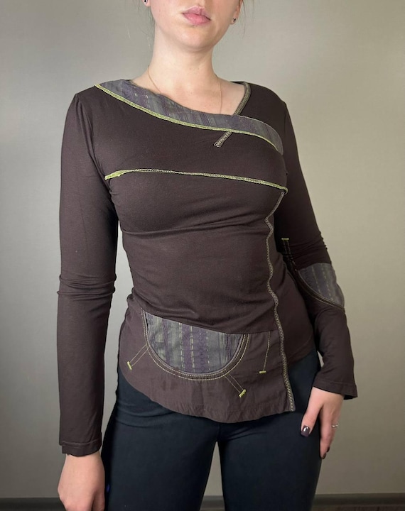 Cache Cache Brown Asymmetrical Patchwork Long Sle… - image 5