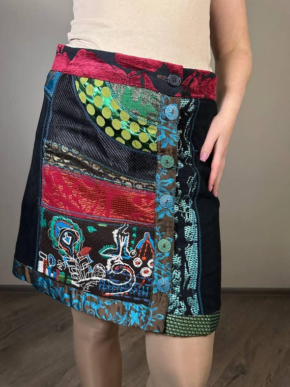 Desigual Patchwork Mini Skirt Boho Embroidered Wr… - image 3
