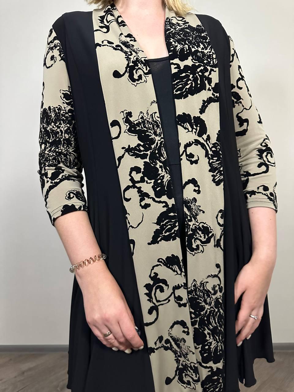 Joseph Ribkoff Black Open Front Cardigan Tunic Ruffle Cape Long