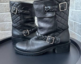 Bottines en cuir noir, motard, bottines gothiques en cuir d'équitation, bottines de style militaire, Comptoir des cotonniers fabriquées au Portugal UE 38
