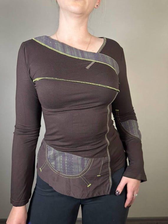 Cache Cache Brown Asymmetrical Patchwork Long Sle… - image 2