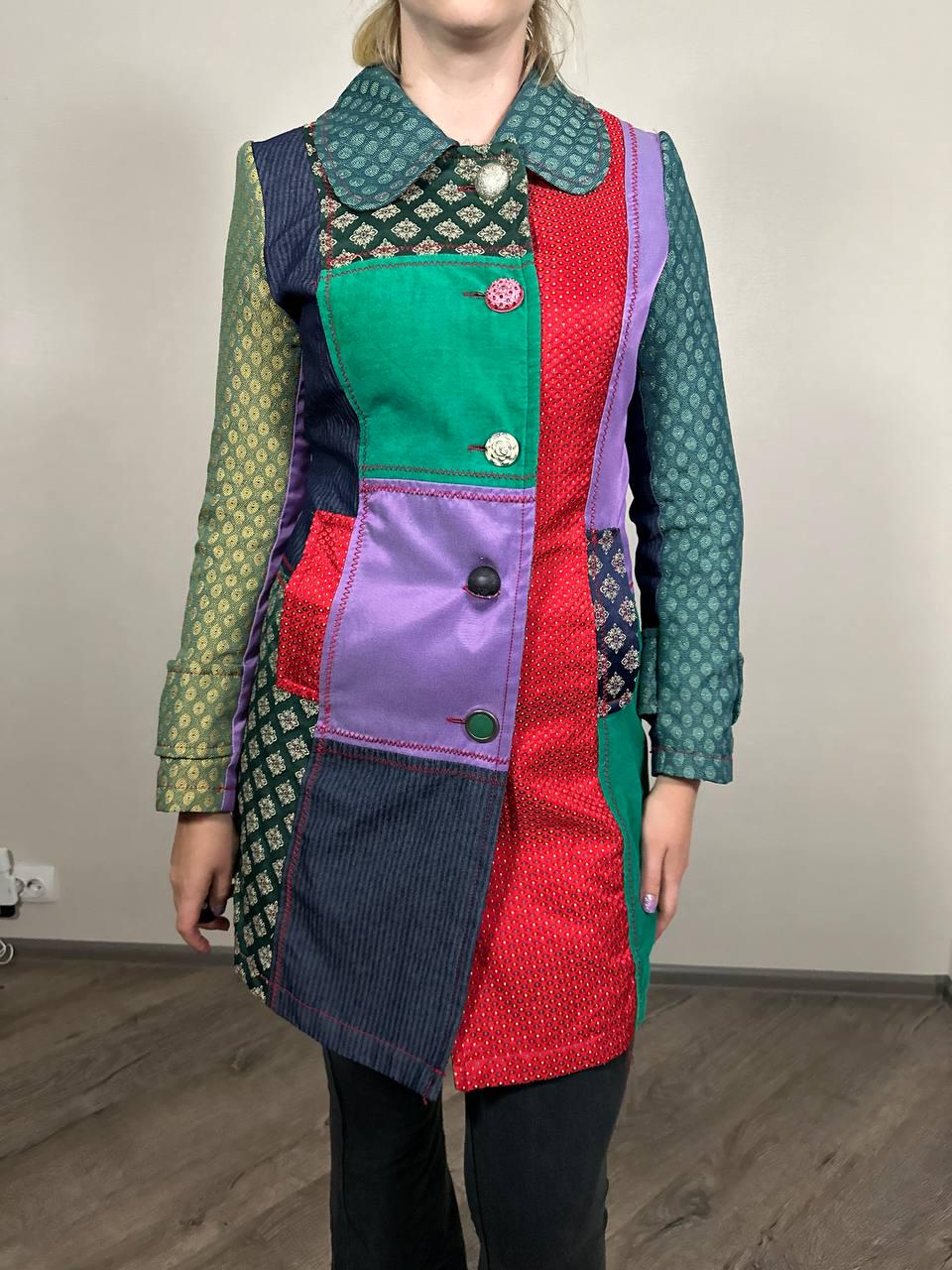 Lulu H Vintage Multicolor Patchwork Trench Coat Flower Embroidered