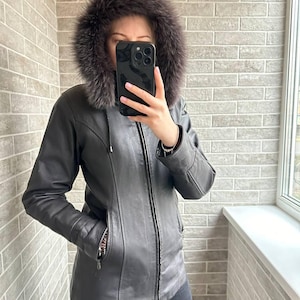Leather Black Jacket With Rabbit Fur Hood Trench Coat With Pockets Women Leather Blazer, 90s leather Blazer Classic Jacket Size S - M