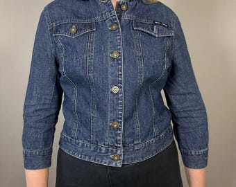 Giacca bomber blu in denim DKNY da donna, modello y2k, in cotone, aderente, con bottoni, anni '00, Donna Karan