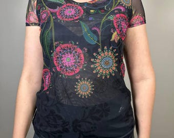 Desigual Mesh Shirt Shirred Short Sleeved Floral Print Top Y2K Fairy Grunge Streetwear Blouse