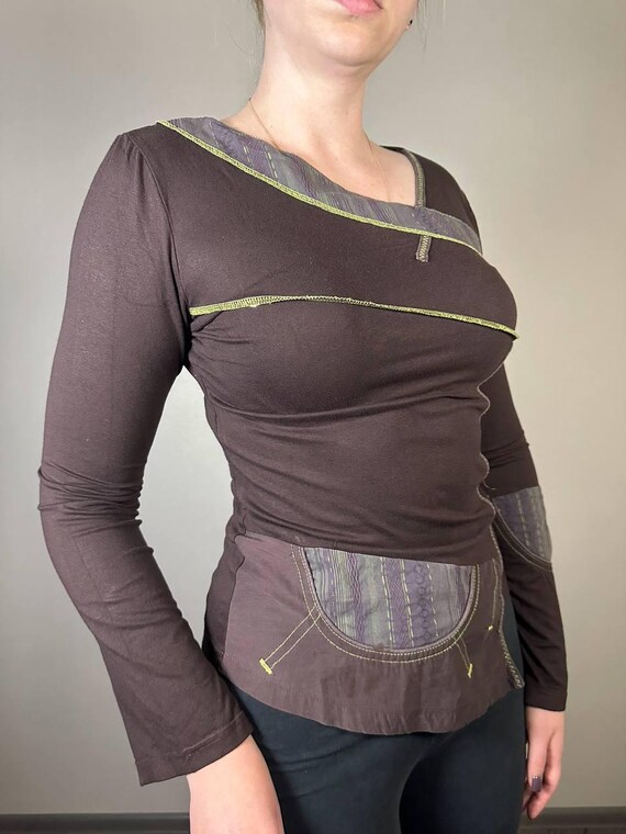 Cache Cache Brown Asymmetrical Patchwork Long Sle… - image 4