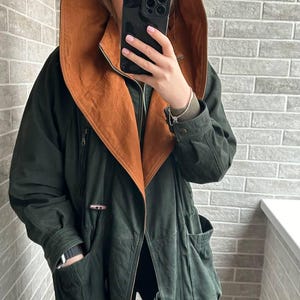 Vintage Leather Green Parka with Orange Hood Women Leather Trench Coat 90s Leather Blazer by Shockline Size S