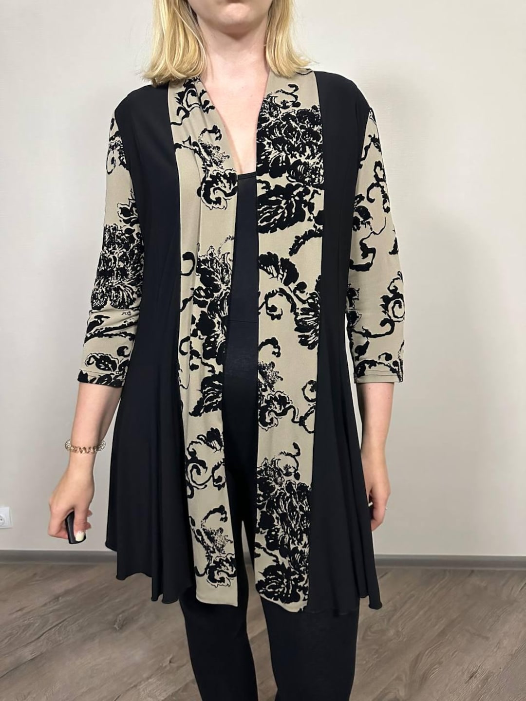 Joseph Ribkoff Black Open Front Cardigan Tunic Ruffle Cape Long