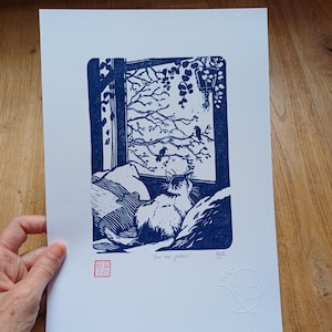 Cat linocut, cat wall art, cat illustration, linocut print, gift idea for cat lovers, original, poetic and minimalist engraving