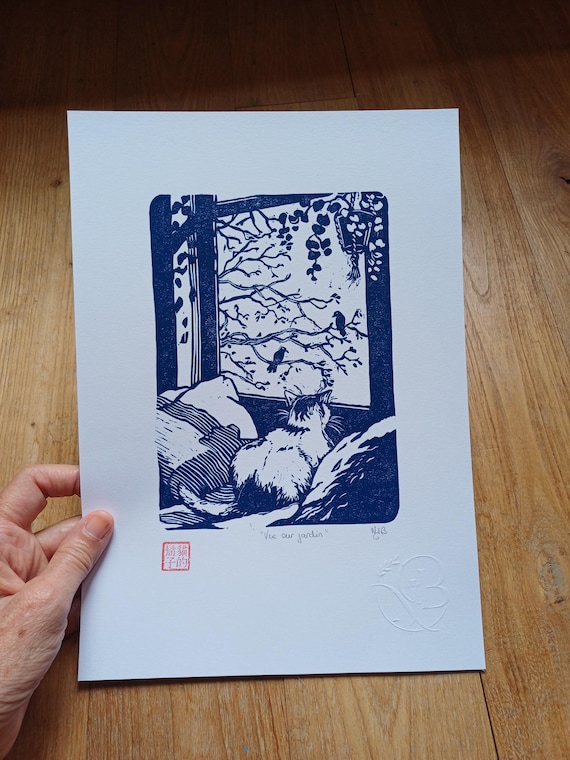 Linogravure chat ,cat wall art,illustration chats, impression linogravure, idée cadeau cat lover, gravure originale, poétique et minimaliste