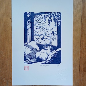 Cat linocut, cat wall art, cat illustration, linocut print, gift idea for cat lovers, original, poetic and minimalist engraving image 2