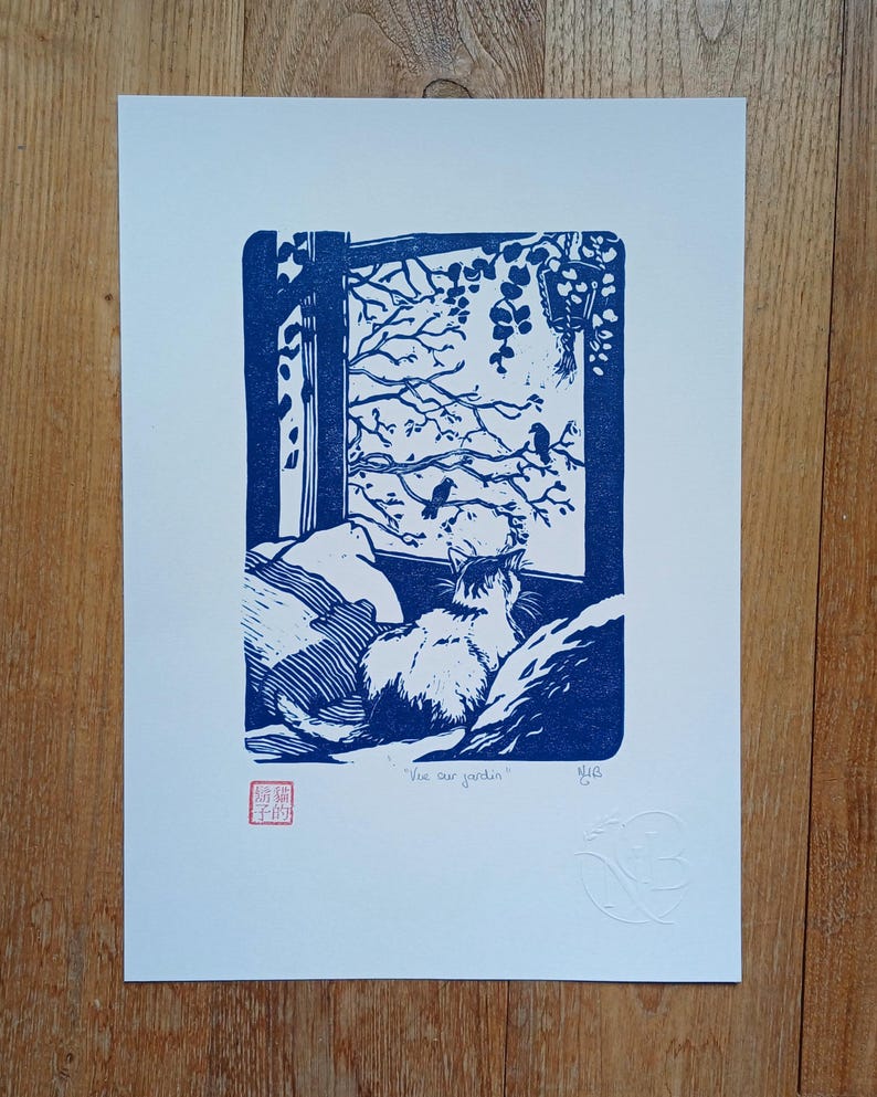 Cat linocut, cat wall art, cat illustration, linocut print, gift idea for cat lovers, original, poetic and minimalist engraving image 2