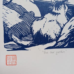 Cat linocut, cat wall art, cat illustration, linocut print, gift idea for cat lovers, original, poetic and minimalist engraving image 3