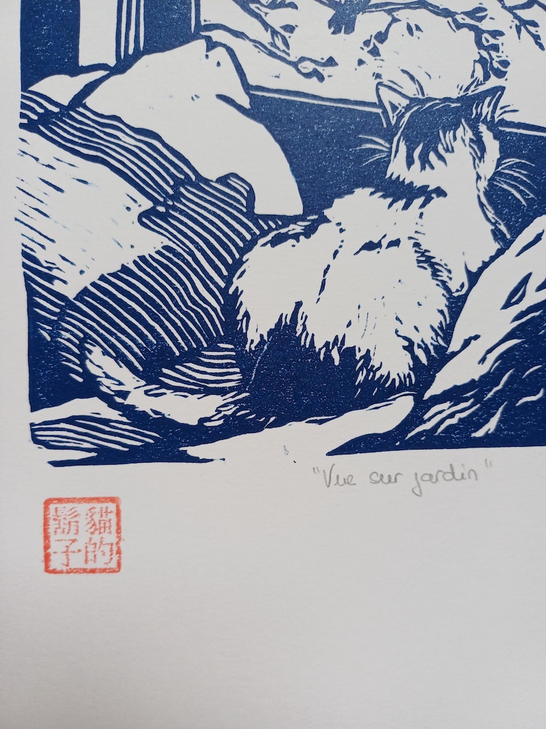 Cat linocut, cat wall art, cat illustration, linocut print, gift idea for cat lovers, original, poetic and minimalist engraving image 3