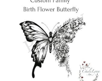 Custom Butterfly Digital Print / Birth Flower Butterfly / Floral Butterfly/ Butterfly Wall Art/ Black And White Flowers