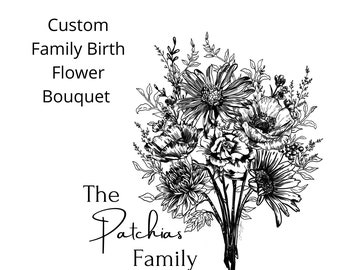 CUSTOM Family Birth Flower Bouquet | Floral Line Art | Birth Flower Art | Digital Print | Living Room Wall Decor | Birth Flower Drawing