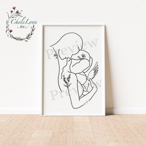 Pode incluir: Desenho de linha de uma mãe e uma criança se abraçando. A mãe tem flores no ombro e a criança tem asas de anjo.