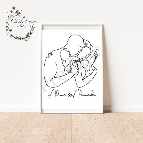 Personalised Angel Baby Wall Art/ Mother Father with Angel Baby/ Girl Angel Baby/Boy Angel Baby/ Twin Angels/ Infant Loss/ Miscarriage Art