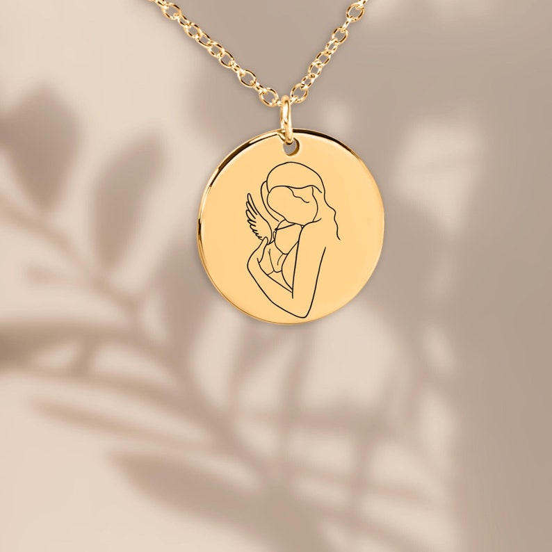 Engraved Mother and Angel Baby Line Art Pendant | Gold Plated | Memorial Gift | Miscarriage Keepsake | Stillborn Gift | Angel Baby Necklace image 1