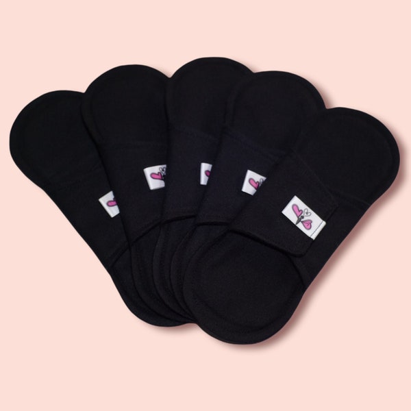 5 fabric panty liners (value pack) in black - individually adjustable - cotton - reusable pantyliner - ZeroWaste - washable -