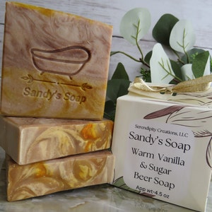 Warm Vanilla & Sugar Beer Soap, Giftable, Artisan, Cold Processed, Organic Oils and Butters, All Natural, Rustic, 4.5 oz