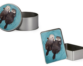 Otterly Romantic Otters Holding Hands Valentines day Birthday Wedding Anniversary Portable Metal Tin Storage Box Emergency Stuff Tin.