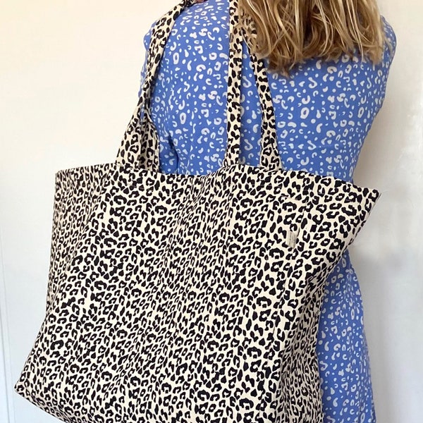 Große Leoparden Canvas Tasche - Leoparden Strandtasche - Weekender Tasche - XXL Shopper - Maxi Canvas Einkaufstasche - Große Canvas Tasche