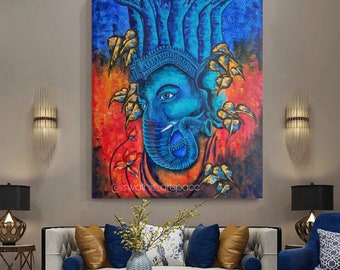 Ganesha Original Indian Abstract Art On Canvas for Living Room- Original Abstract Painting Ganesha , Abstract Ganesha Painting, Lord Ganesha