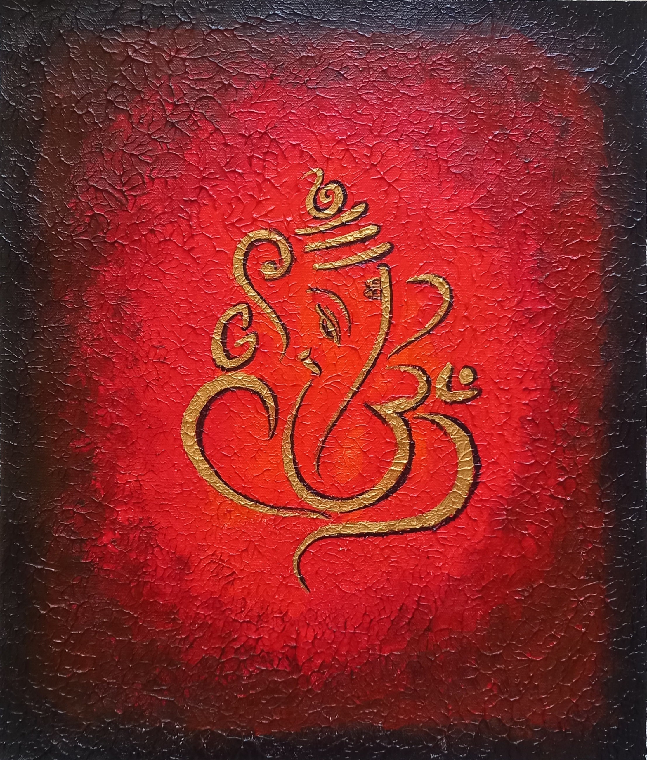 ガネーシャ　油画 ガネーシャの絵画：ロールキャンバスに描かれた赤い抽象的なテクスチャ