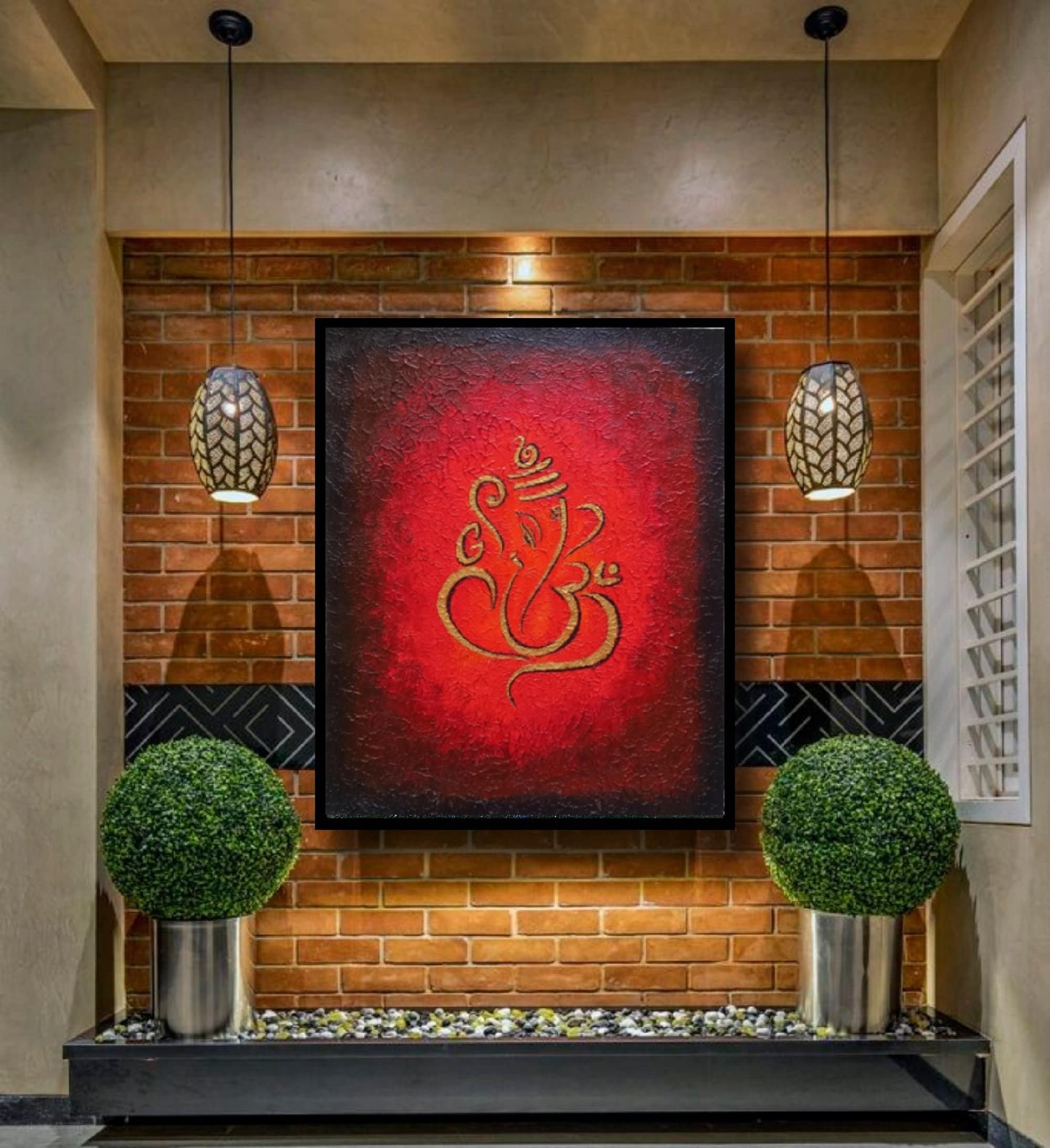 ガネーシャの絵画：ロールキャンバスに描かれた赤い抽象的なテクスチャ