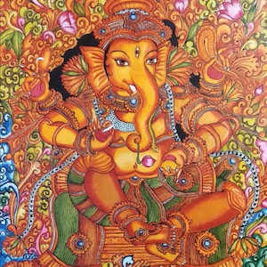 Ganesha Original Indian Art On Canvas for Living Room- Kerala Mural Original Painting Ganesha , Large Painting For Living Room