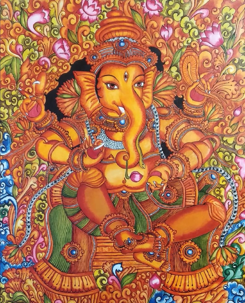 Ganesha Original Indian Art on Canvas for Living Room Kerala Mural