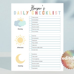 Chore Chart, DAILY kids CHECKLIST, Bedtime Routine Chart, Daily Rhythm, Daily Routine Chart, Morning Routine Chart, EDITABLE, printable