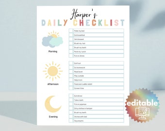 Chore Chart, DAILY kids CHECKLIST, Bedtime Routine Chart, Daily Rhythm, Daily Routine Chart, Morning Routine Chart, EDITABLE, printable