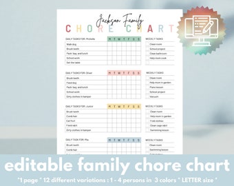 FAMILY Chore Chart PRINTABLE, Weekly Chores, Kids Chore Chart EDITABLE, Routine Chart, Daily Rhythm, Toddler Routine, Chore Schedule Kids