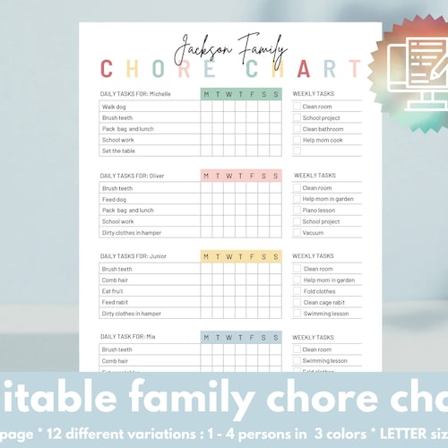FAMILY Chore Chart PRINTABLE Weekly Chores Kids Chore Chart - Etsy
