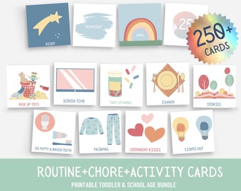 May include: A set of 250+ printable routine, chore, and activity cards for toddlers and school-aged children. The cards feature colorful illustrations and simple text, such as "Night", "Screen Time", "Pick Up Toys", "Take Vitamins", "Dinner", "Stories", "Go Potty & Brush Teeth", "Pajamas", "Goodnight Kisses", and "Lights Out".