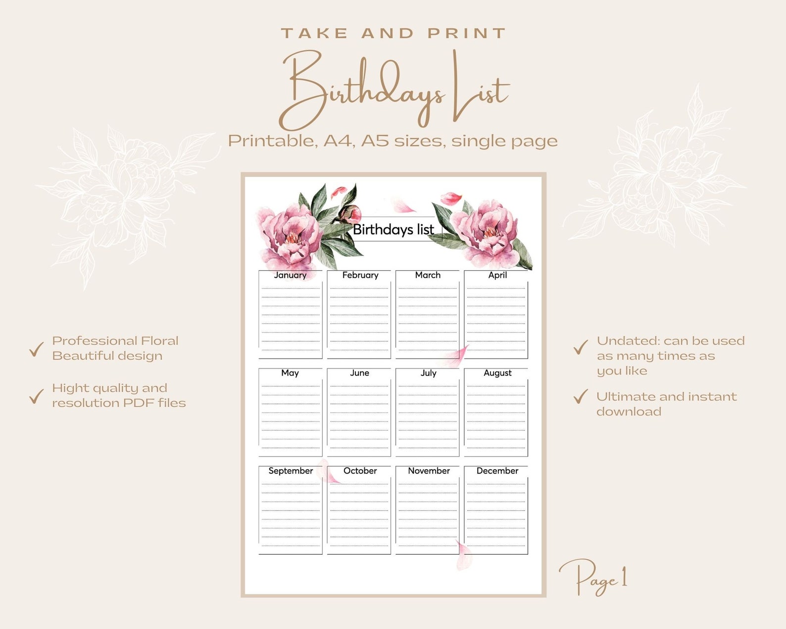 BIRTHDAYS list printable planner pdf download PRINTABLE | Etsy