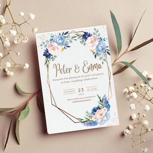 Pink and bule Flowers Hexagon Wedding Digital Invitation, Watercolor rose flower clip art. hexagon wedding invitation to edit with canva