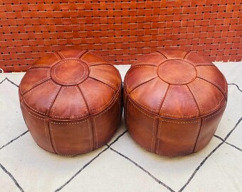 SET OF 2 Tan Leather Pouf -ONLY Cover -Moroccan Pouf- Genuine Goatskin Leather - Room Decor -Hassock & Ottoman Footstool -Pouffe - Unstuffed