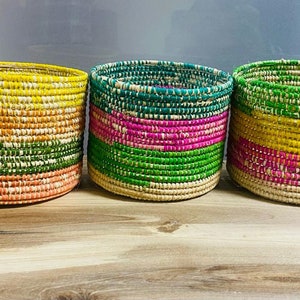 Set of 3 Doum Storage Baskets for Home Organization, Organic Boho Decor, Natural Handwoven Basket, Colorful moroccan basket fibers of palm