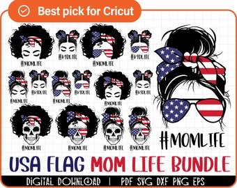 Mom Life Kid Life svg, Messy Bun svg, patriotic svg, distressed US American flag svg, black woman svg, 4th of july svg , cricut, silhouette