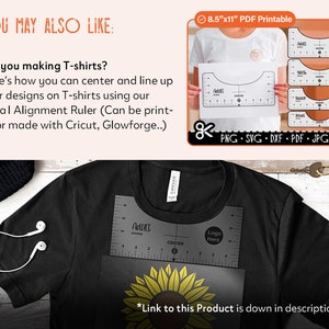 Pode incluir: Uma camiseta preta com um design de girassol e uma r&eacute;gua de alinhamento de decalque impressa nela. A r&eacute;gua &eacute; etiquetada como "Adulto" e tem marcas para centralizar e alinhar os designs. A r&eacute;gua mede 8,5 polegadas por 11 polegadas e &eacute; imprim&iacute;vel.