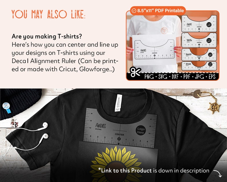 Pode incluir: Uma camiseta preta com um design de girassol e uma r&eacute;gua de alinhamento de decalque impressa nela. A r&eacute;gua &eacute; etiquetada como "Adulto" e tem marcas para centralizar e alinhar os designs. A r&eacute;gua mede 8,5 polegadas por 11 polegadas e &eacute; imprim&iacute;vel.