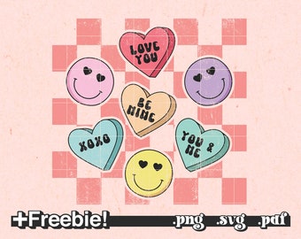 Candy heart svg png, San Valentino conversazione cuori, San Valentino a scacchi, faccina sorridente xoxo svg, essere il mio svg