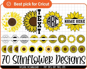 70 Sunflower SVG Bundle, sunflower monogram, sunflower png, half sunflower svg, Layered svg files for Cricut, Tumbler, cup wrap, png dxf pdf