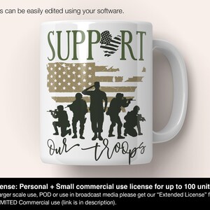 May include: White ceramic mug with a green and brown design. The design features a distressed American flag with a heart in the middle and the word "SUPPORT" above it. Below the flag are five silhouettes of soldiers with rifles and the words "Our Troops".