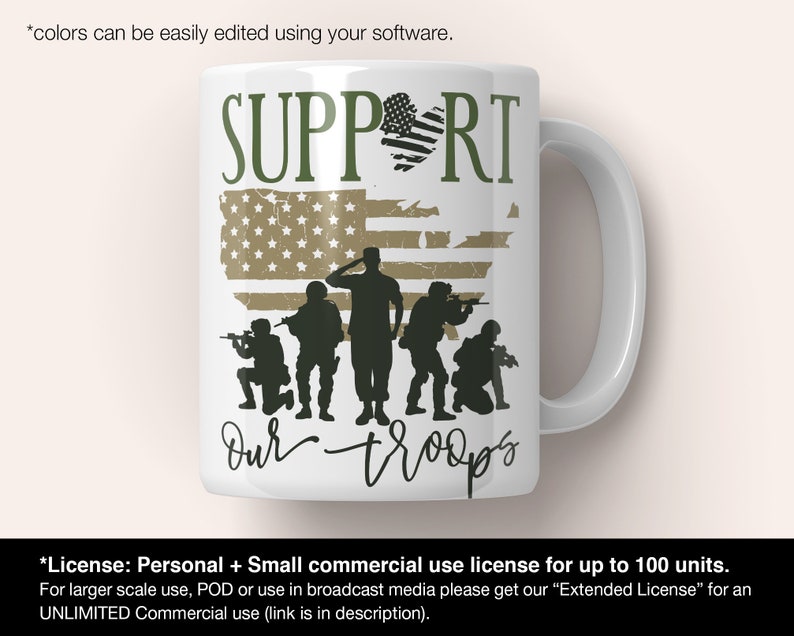 May include: White ceramic mug with a green and brown design. The design features a distressed American flag with a heart in the middle and the word "SUPPORT" above it. Below the flag are five silhouettes of soldiers with rifles and the words "Our Troops".