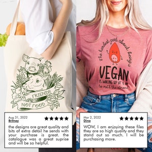 May include: Two tote bags with different designs. The first bag has a green and white design with three pigs and the text "FRIENDS NOT FOOD". The second bag has a pink design with a cartoon avocado and the text "The hardest part about being a VEGAN is waking up at 5 am to milk the almond".